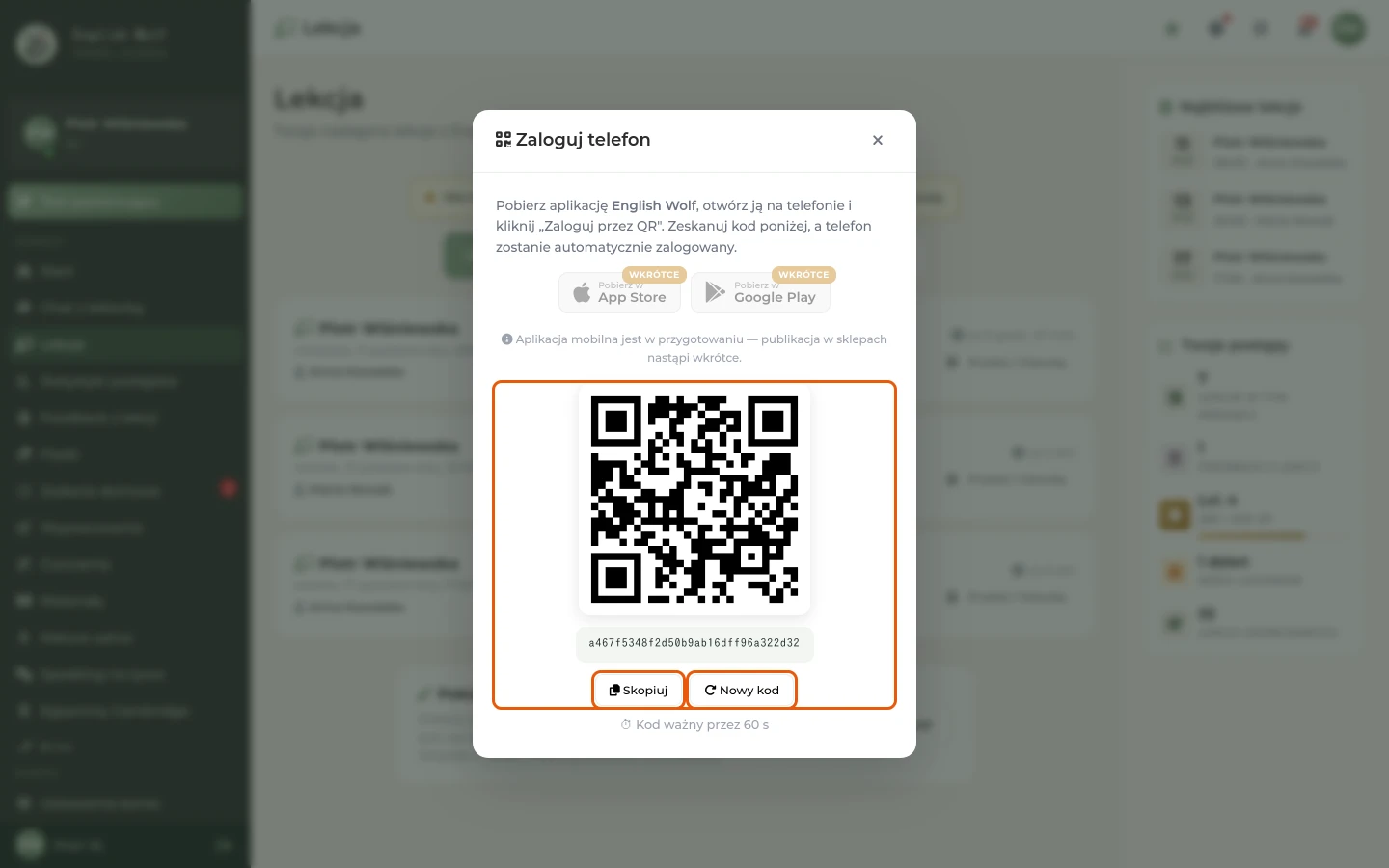 Okno „Zaloguj telefon” z kodem QR, przyciskami „Skopiuj” i „Nowy kod” oraz odliczaniem