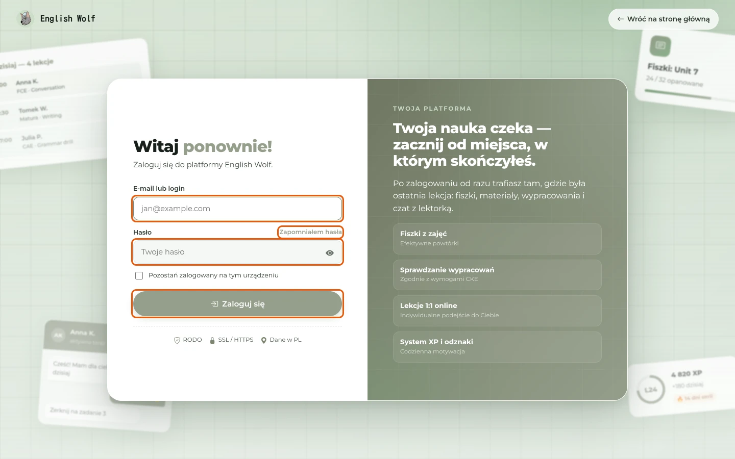 Strona logowania: pole „E-mail lub login”, pole „Hasło”, link „Zapomniałem hasła” i przycisk „Zaloguj się”
