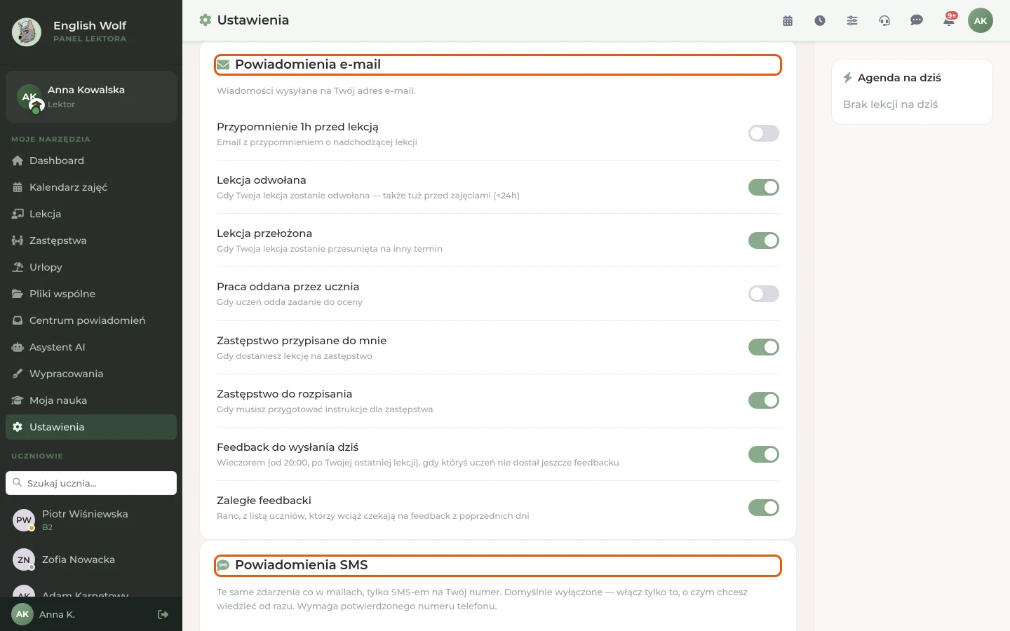 Ustawienia lektorki: karty „Powiadomienia e-mail” i „Powiadomienia SMS”