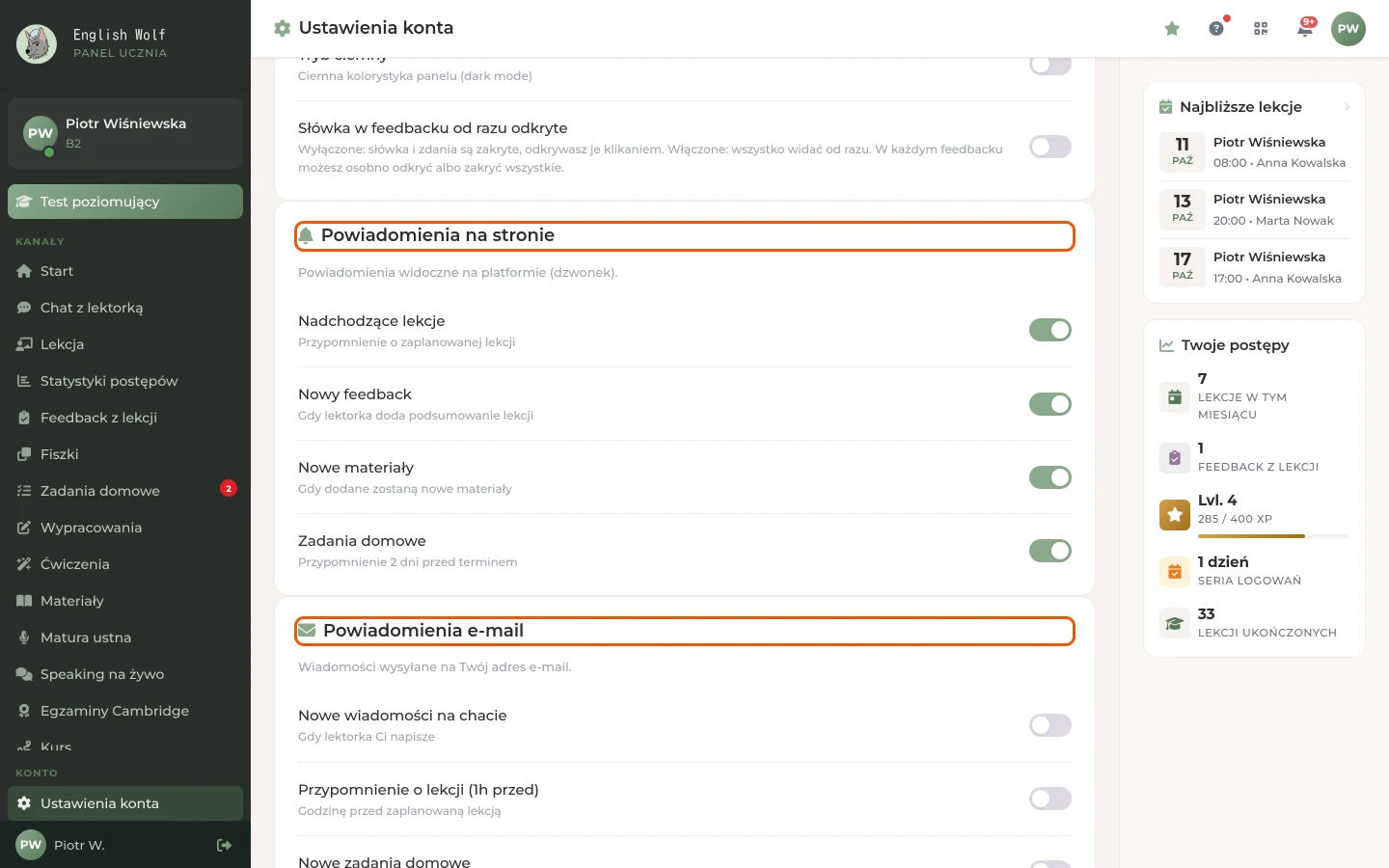 Ustawienia ucznia: karty „Powiadomienia na stronie” i „Powiadomienia e-mail”