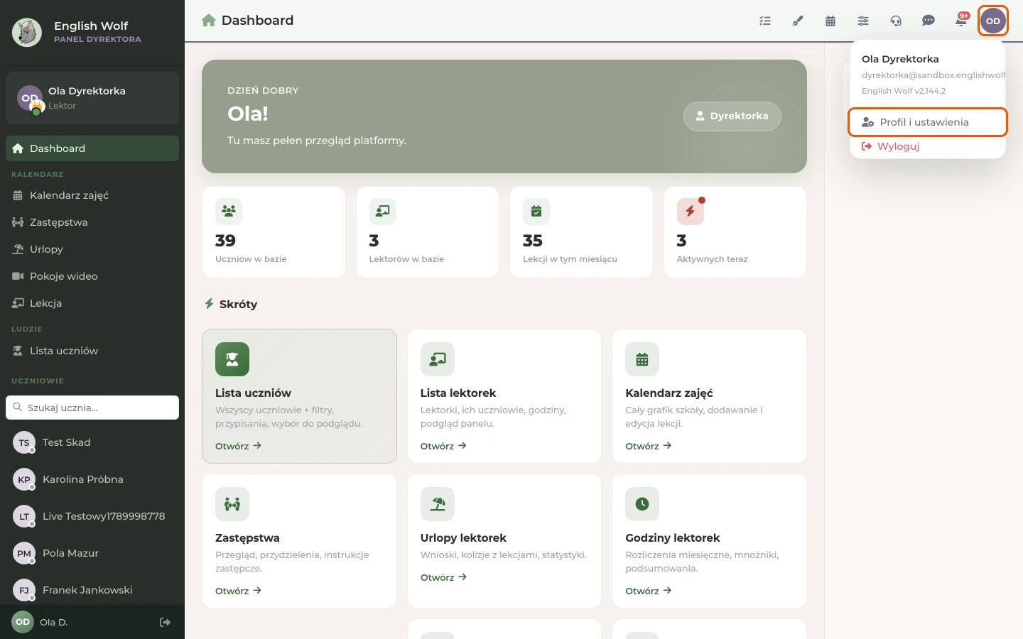 Menu awatara dyrektorki z pozycją „Profil i ustawienia”