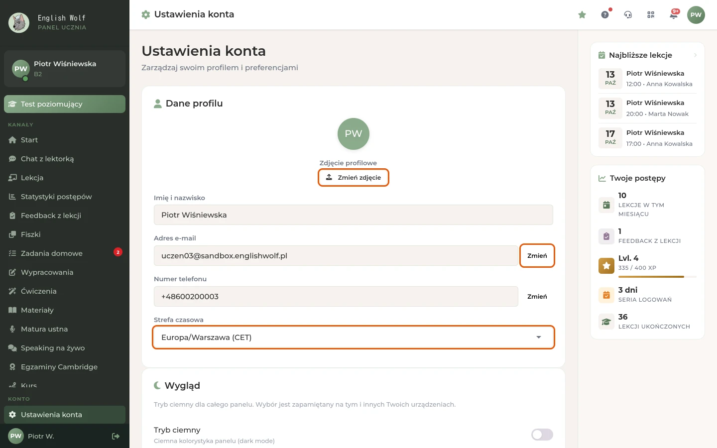 Ustawienia ucznia: zdjęcie profilowe, e-mail z przyciskiem „Zmień” i strefa czasowa