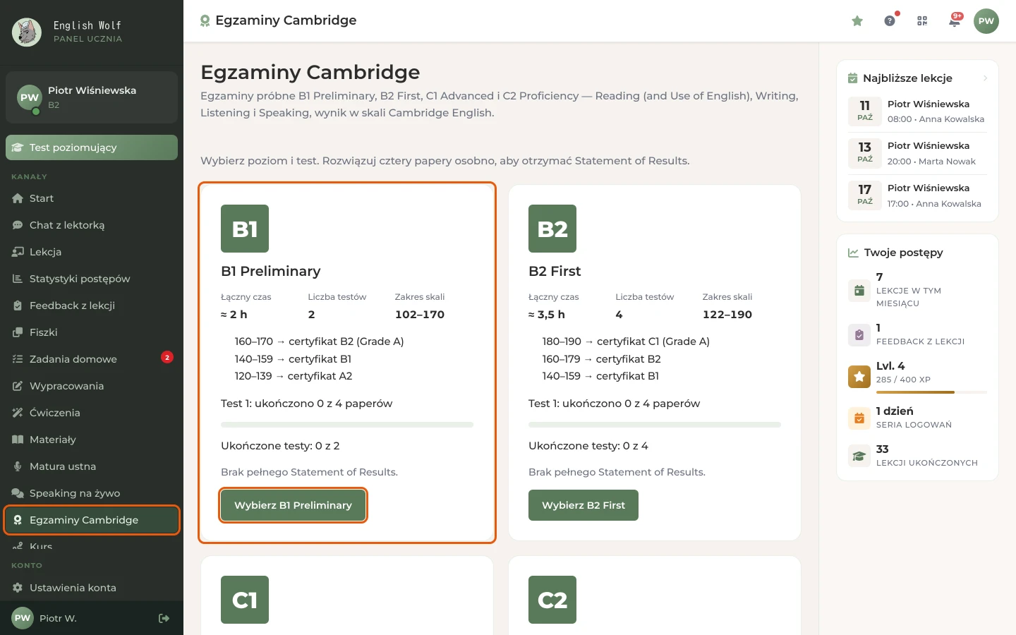 Menu „Egzaminy Cambridge” i karty poziomów z postępem