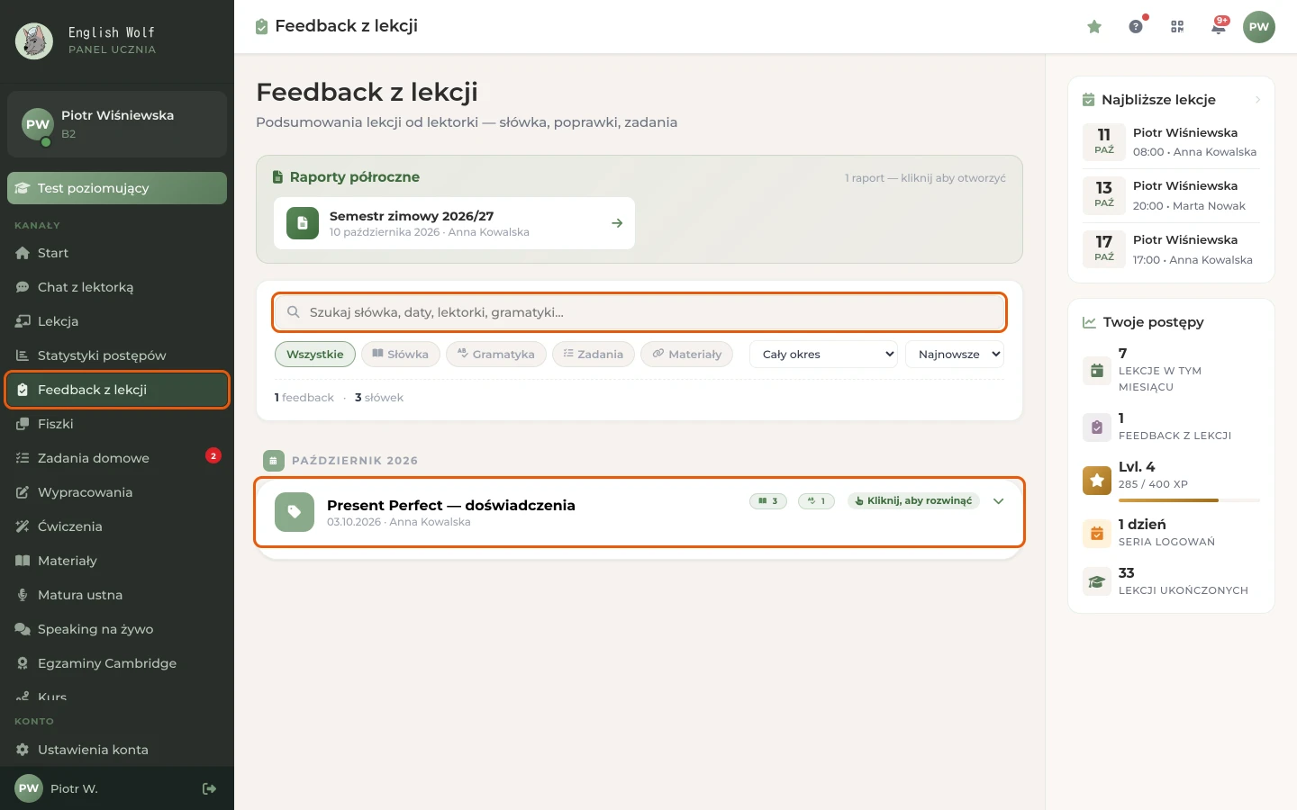 Lista feedbacków: wyszukiwarka, filtry i karty z podsumowaniami lekcji
