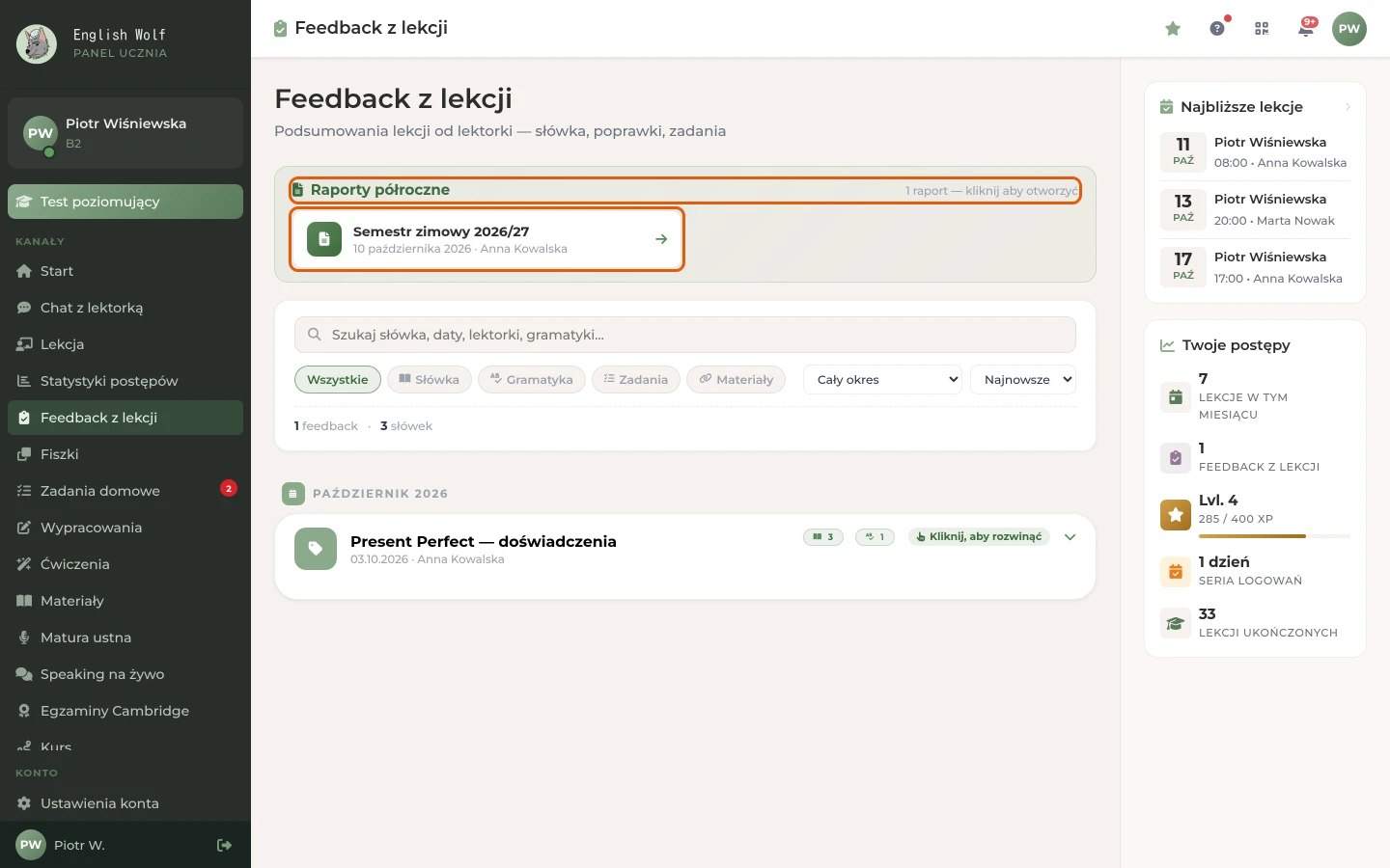 Część „Raporty półroczne” nad listą feedbacków
