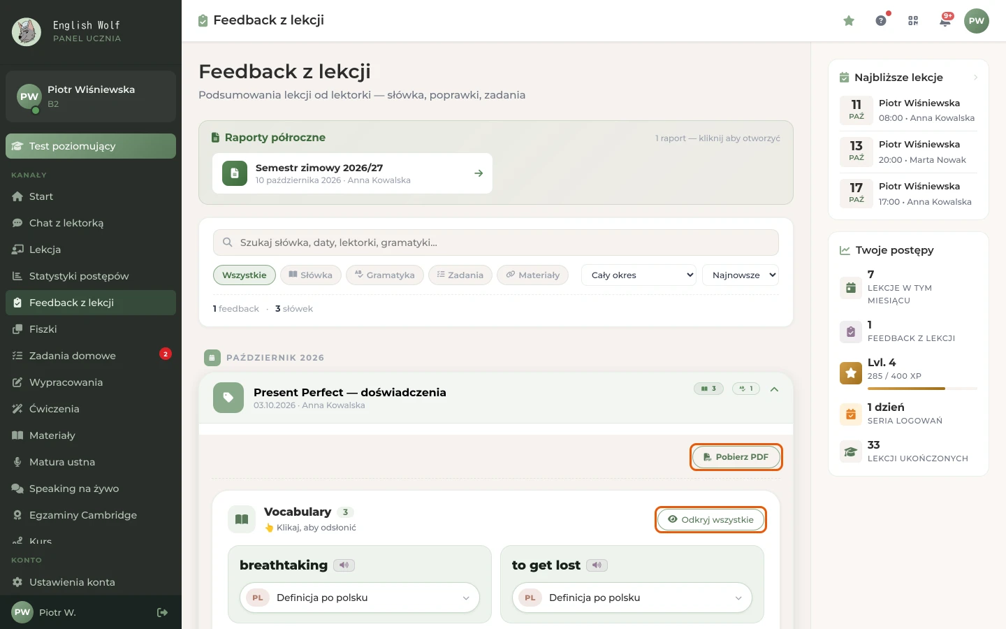 Rozwinięty feedback: przycisk „Pobierz PDF” i przycisk „Odkryj wszystkie”