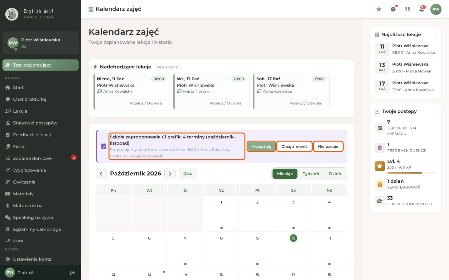 Pasek „Szkoła zaproponowała Ci grafik” z przyciskami „Akceptuję”, „Chcę zmienić” i „Nie pasuje”