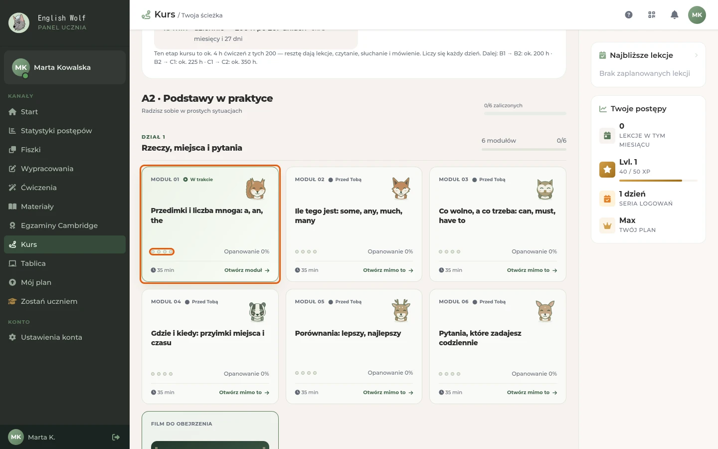 Karta modułu na ścieżce kursu z kropkami postępu kroków