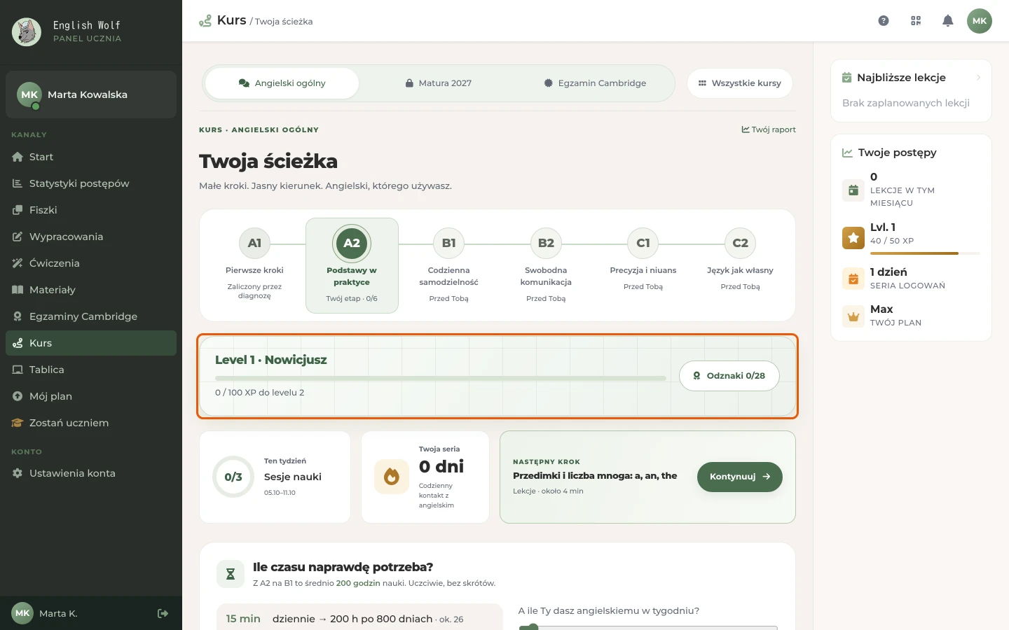 Ścieżka kursu: poziom (Level) i pasek XP