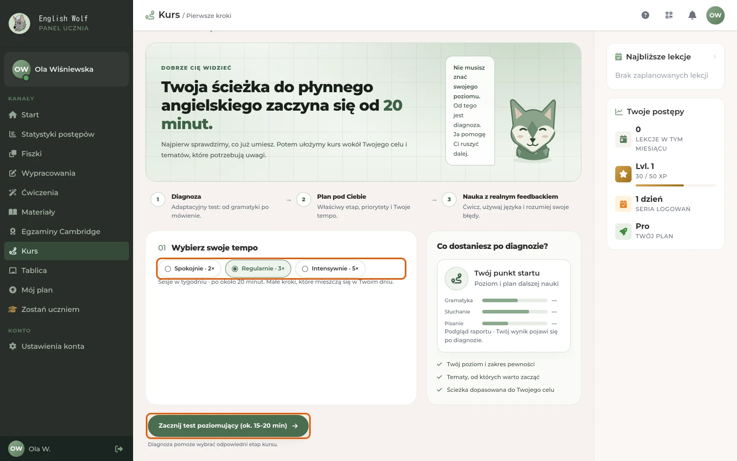 Pierwsze wejście do kursu: wybór tempa i przycisk „Zacznij test poziomujący”