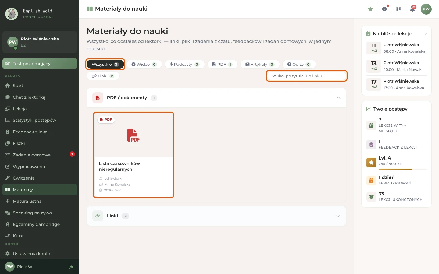 Lista materiałów: filtry typu, pole wyszukiwania i kafelki materiałów