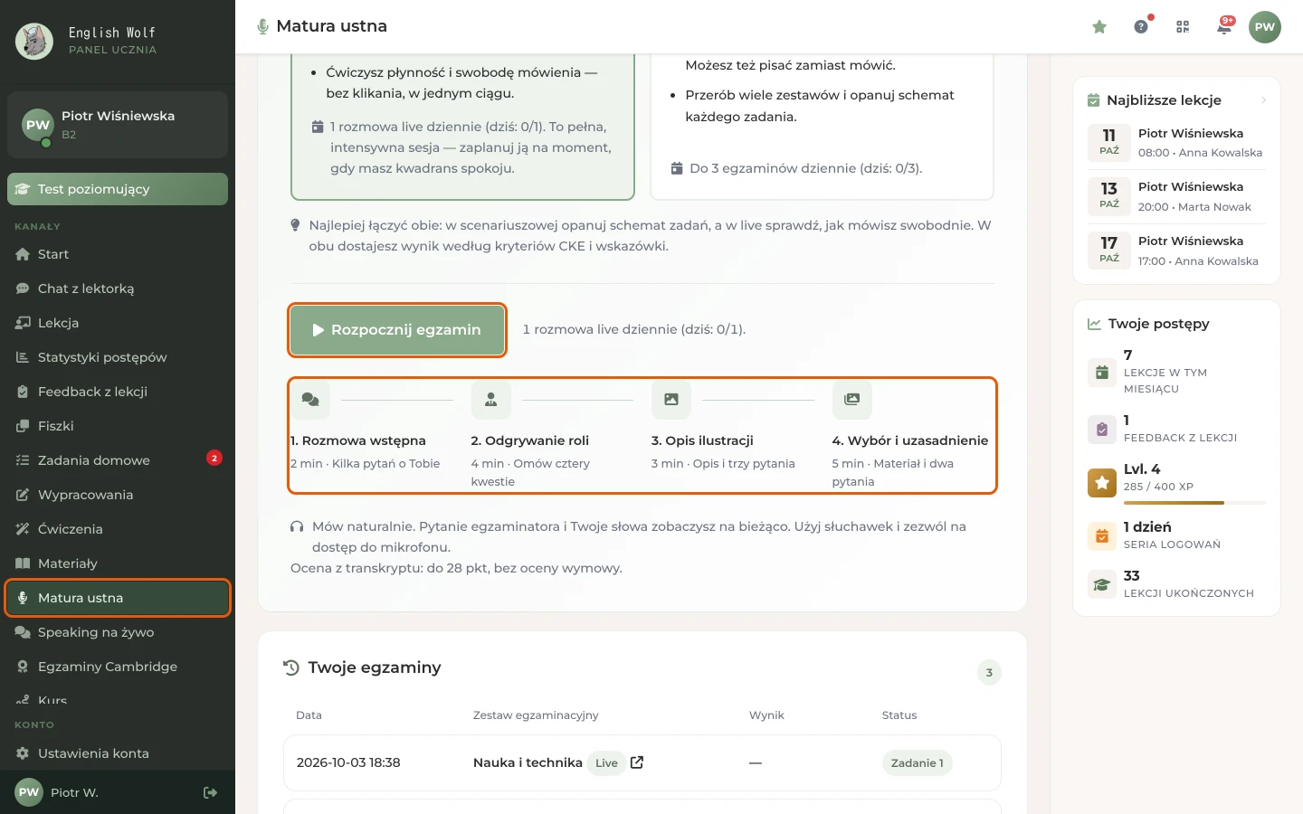 Menu „Matura ustna”, przycisk „Rozpocznij egzamin” i etapy egzaminu