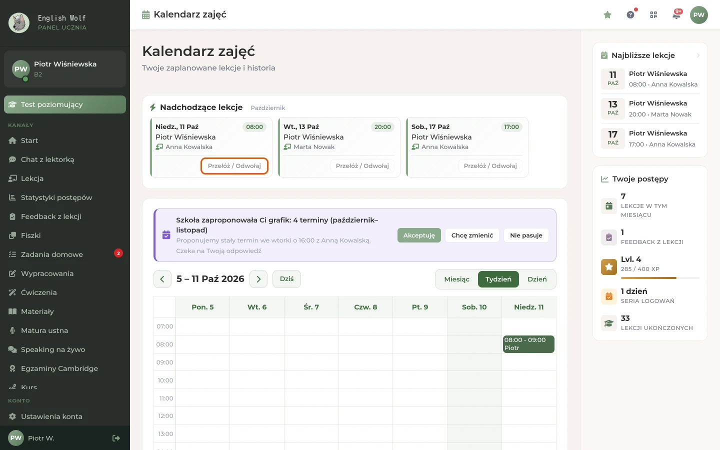 Kalendarz zajęć: lekcja na liście „Nadchodzące lekcje” z wyszarzonym przyciskiem „Przełóż / Odwołaj”