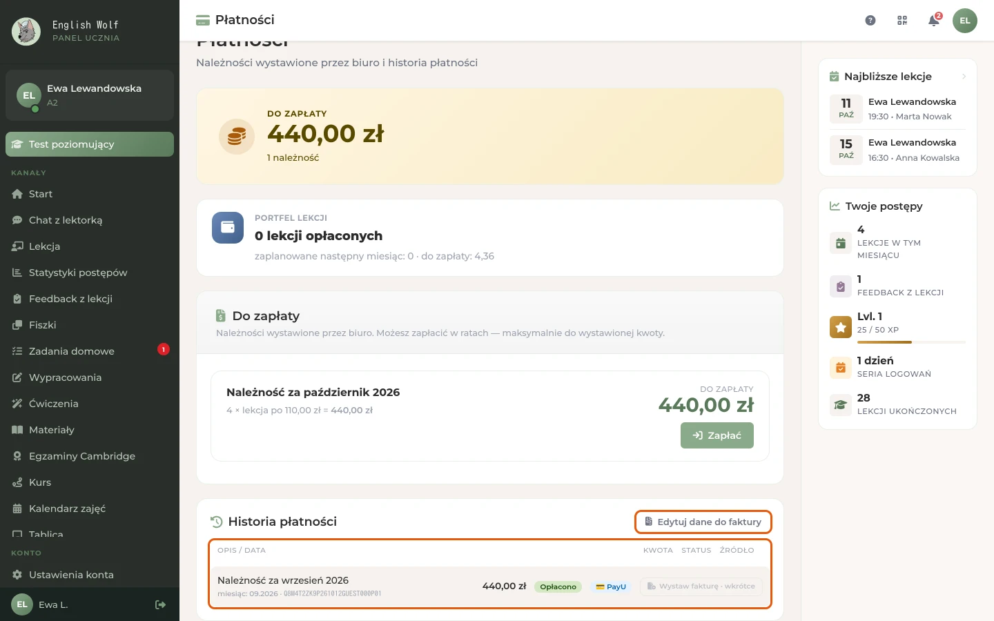 Historia płatności z wpłatą przez PayU i przyciskiem „Edytuj dane do faktury”