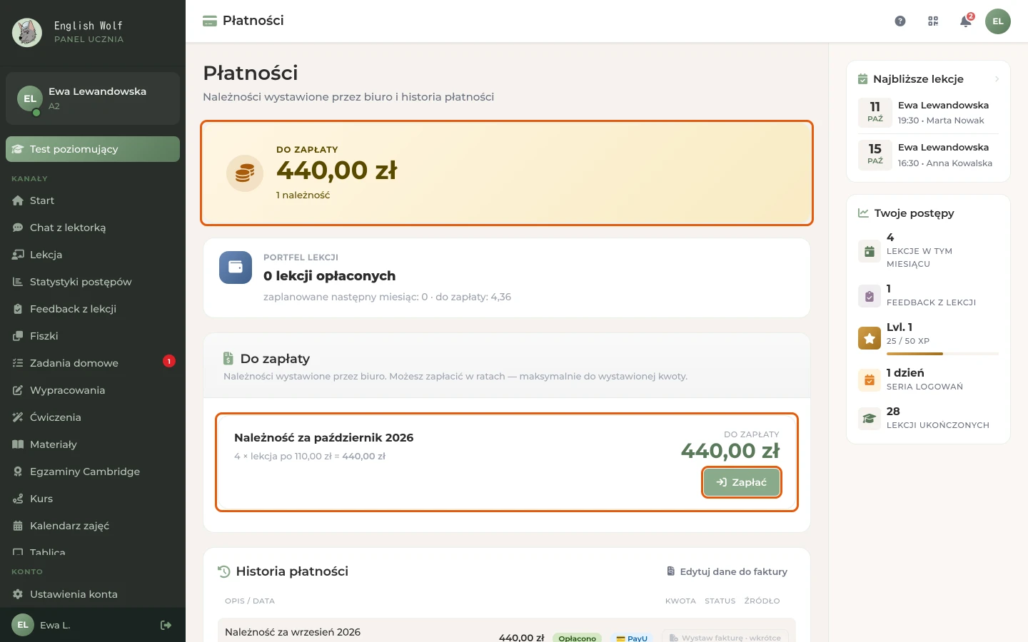 Należność z kwotą do zapłaty i przyciskiem „Zapłać”