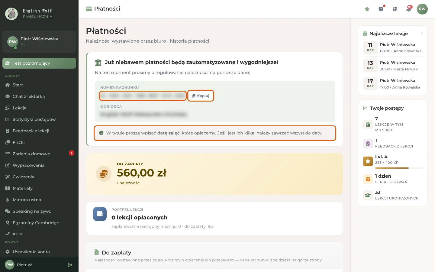 Karta z danymi do przelewu: numer rachunku, przycisk „Kopiuj” i prośba o daty zajęć w tytule