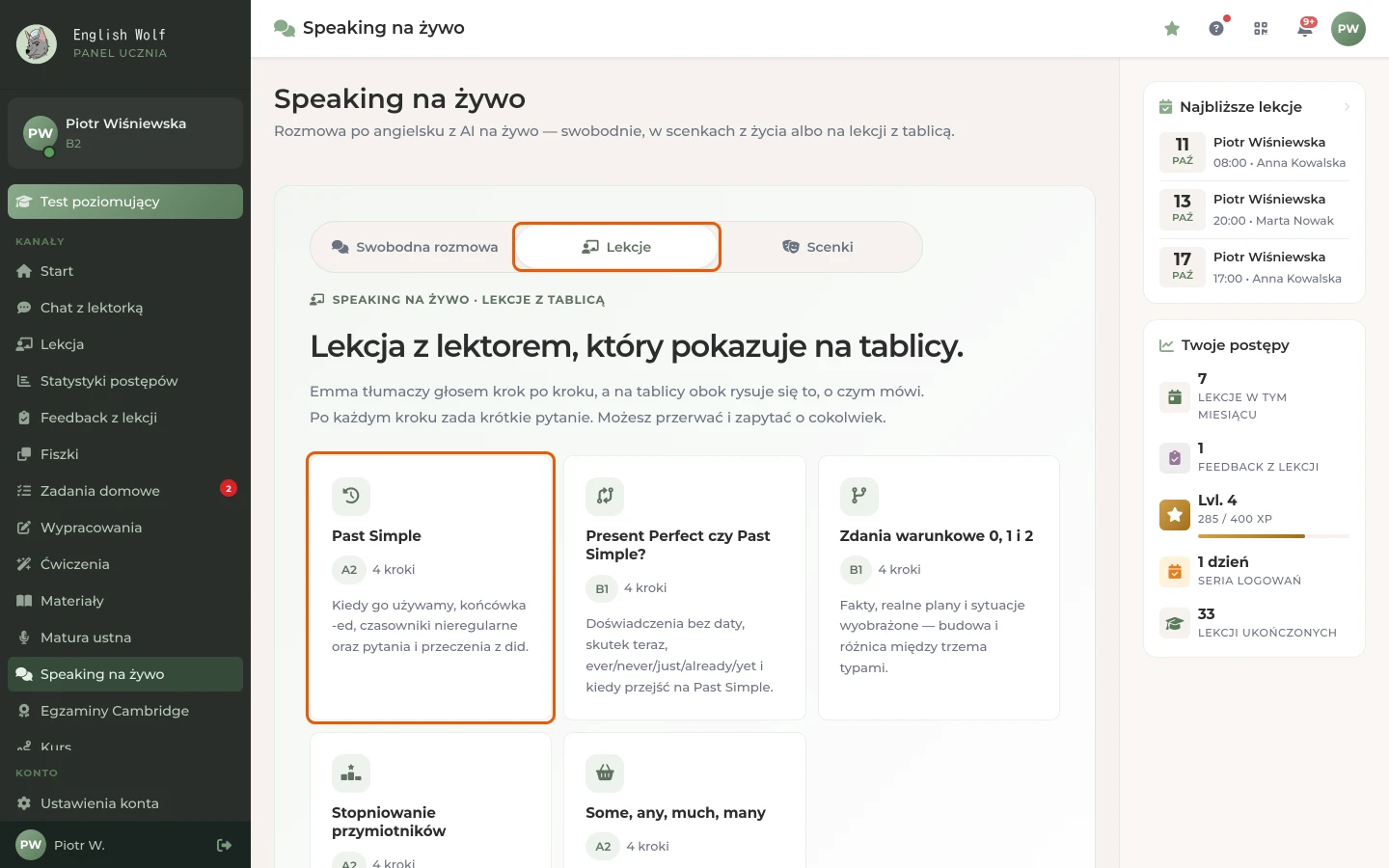 Rodzaj „Lekcje”: kafelki lekcji z tablicą