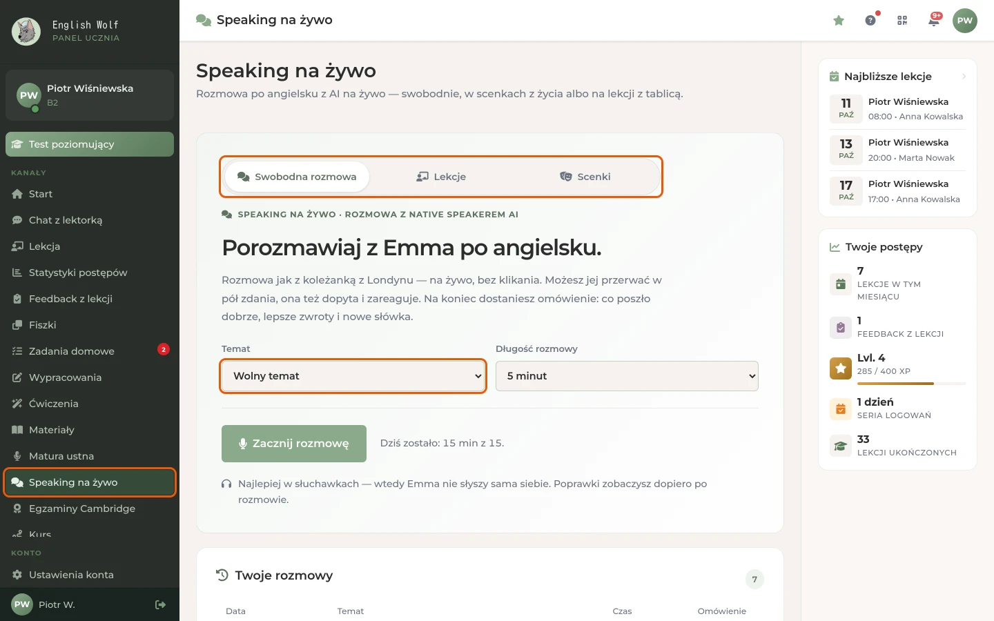 Menu „Speaking na żywo”, przełącznik rodzaju rozmowy i formularz swobodnej rozmowy