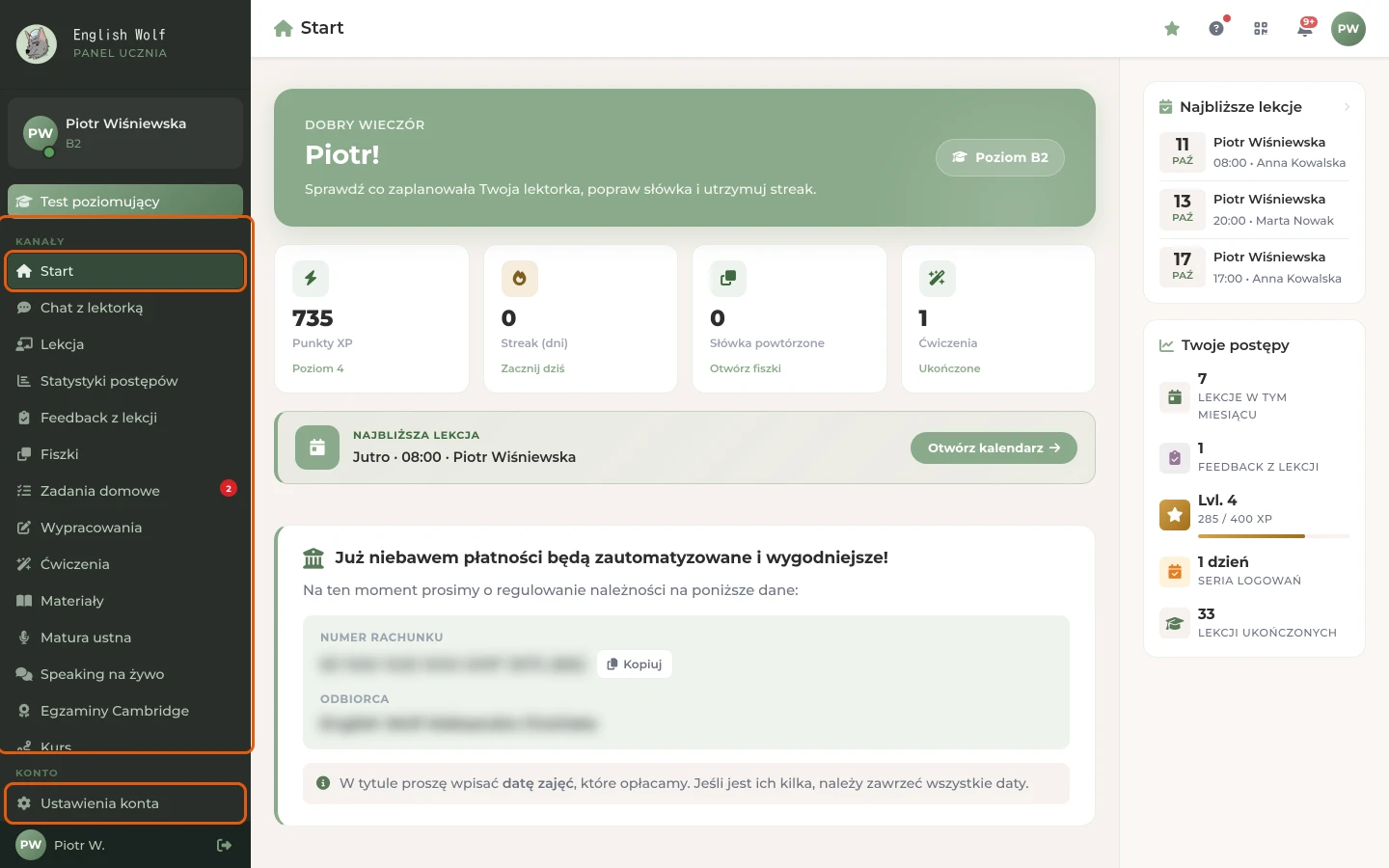 Menu boczne panelu ucznia z zaznaczoną pozycją Start, sekcją Kanały i Ustawieniami konta