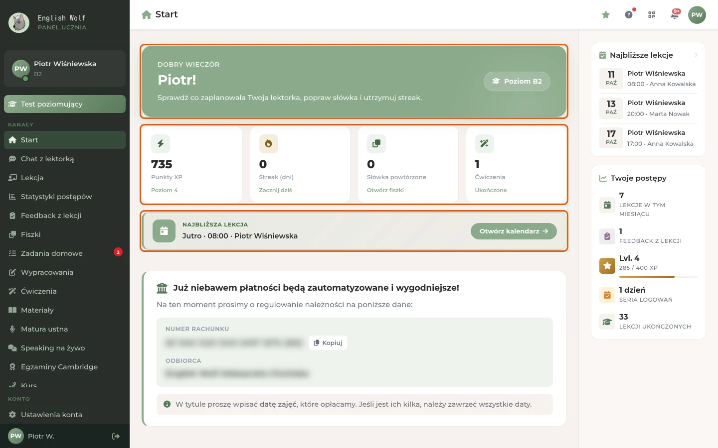 Ekran Start ucznia szkoły: powitanie z poziomem, cztery kafle z liczbami i karta najbliższej lekcji