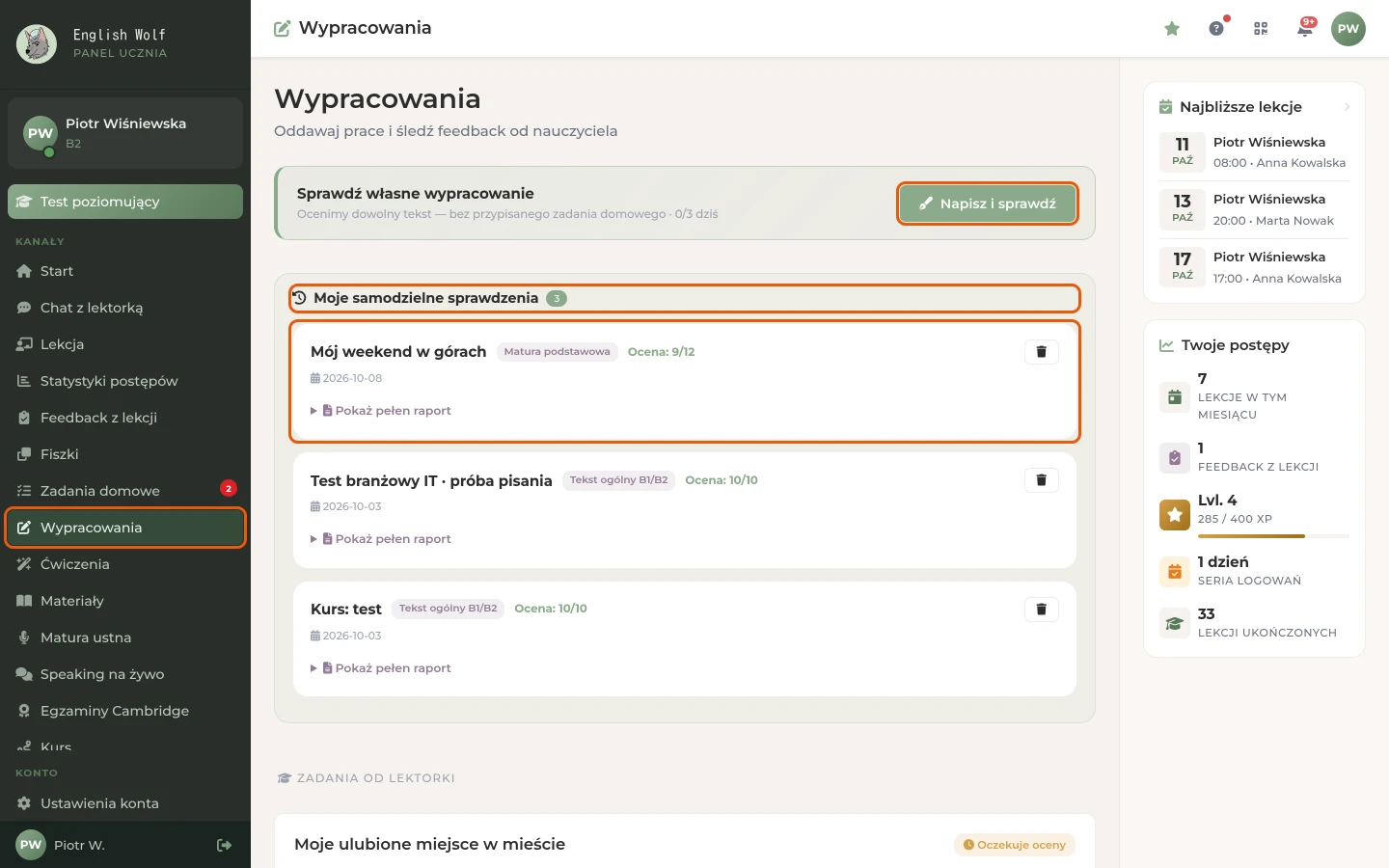 Strona „Wypracowania”: przycisk „Napisz i sprawdź” i historia samodzielnych sprawdzeń