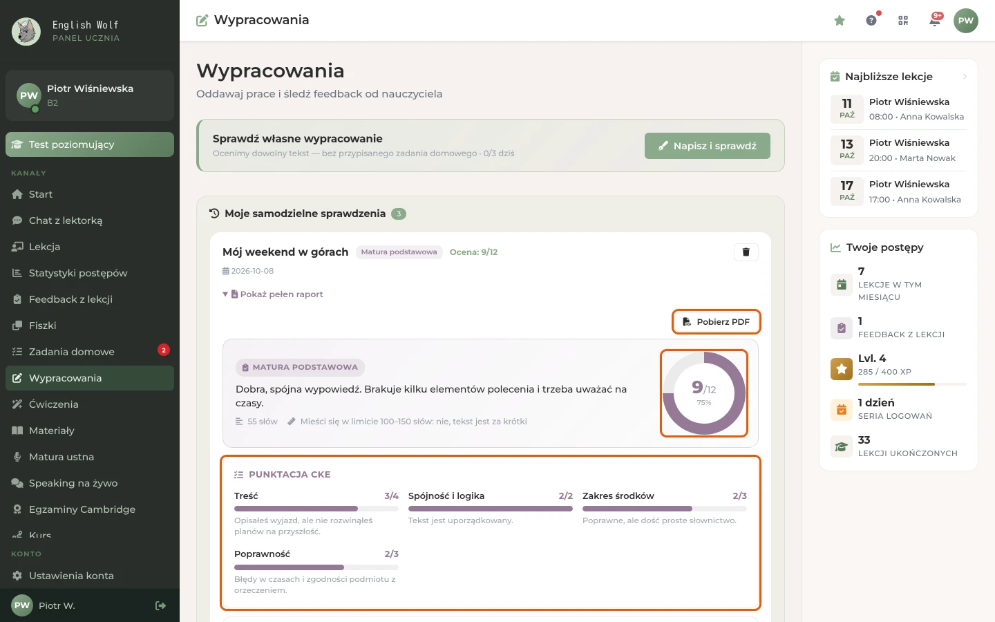 Raport oceny: punktacja, podział na składowe i przycisk „Pobierz PDF”