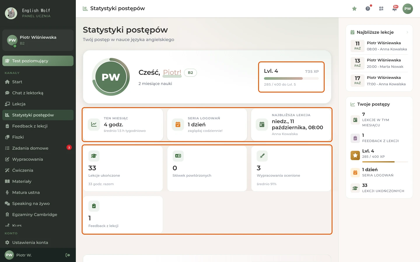 Statystyki postępów: poziom i pasek XP, serie dni oraz liczby z nauki