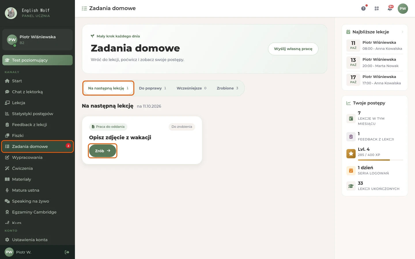 Menu „Zadania domowe”, grupa „Na następną lekcję” i karta zadania z przyciskiem „Zrób”
