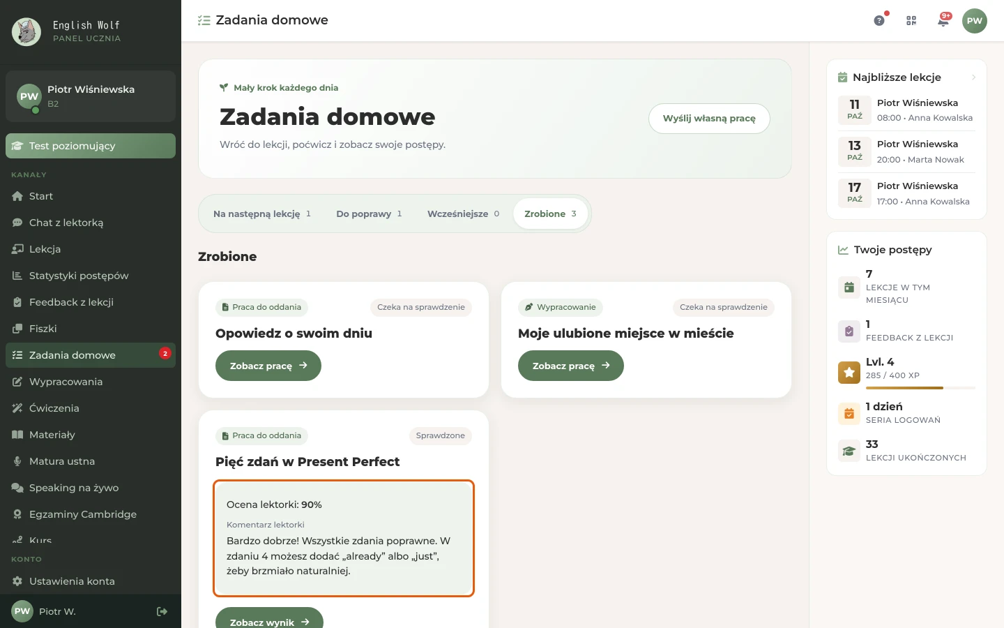 Grupa „Zrobione”: karta z oceną i komentarzem lektorki