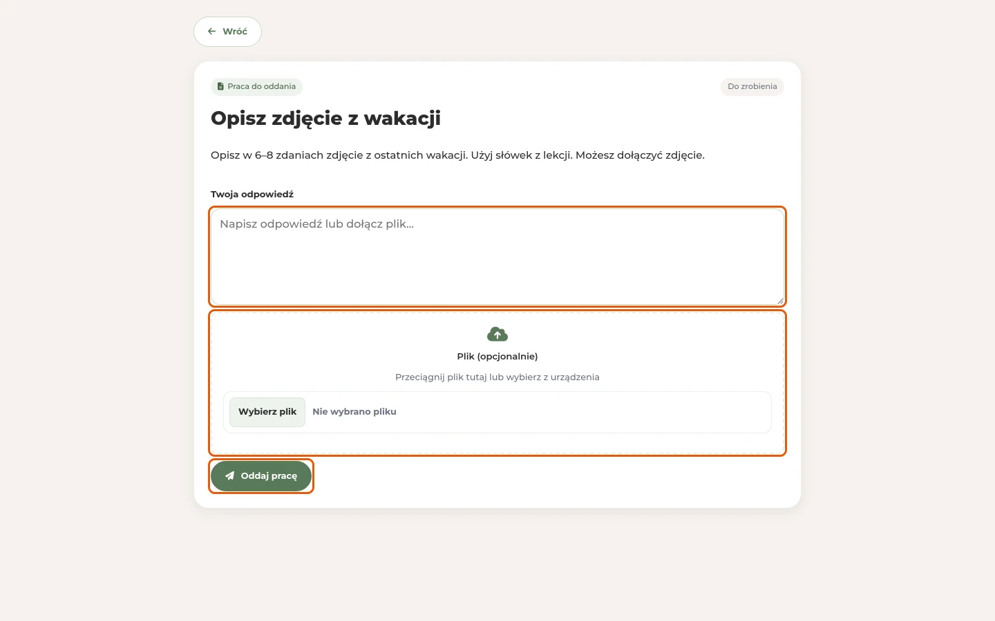 Otwarte zadanie: pole „Twoja odpowiedź”, pole na plik i przycisk „Oddaj pracę”