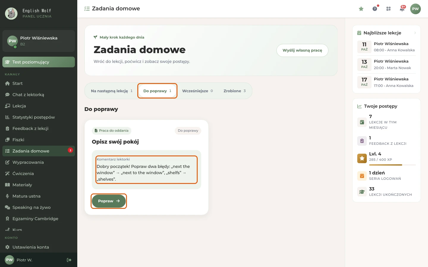 Grupa „Do poprawy”: komentarz lektorki i przycisk „Popraw”