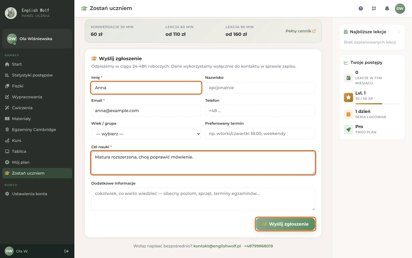 Wypełniony formularz zgłoszenia z przyciskiem „Wyślij zgłoszenie”