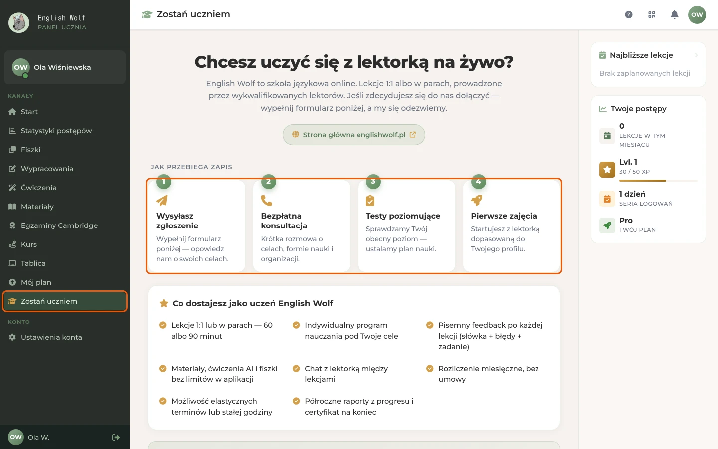 Menu „Zostań uczniem” i opis czterech kroków zapisu